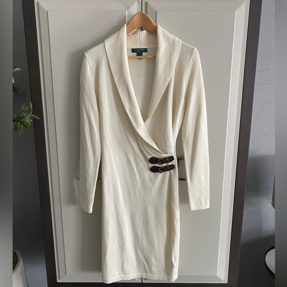 Ralph Lauren Cream Wrap-Style Knit Dress with Brown Buckle Details